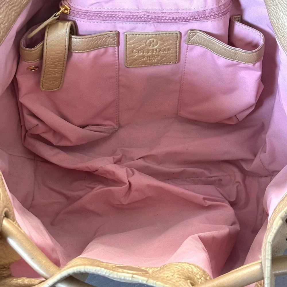 Cole Haan Gold Pebbled Leather Large Hobo Bag Pink Interior‎